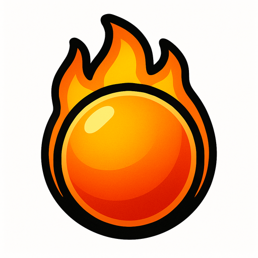 Fire ball emoji, Bubble shooter game. Thin black outline..
Single Game Texture. In-Game asset. 2d. Blank background. High contrast. No shadows.