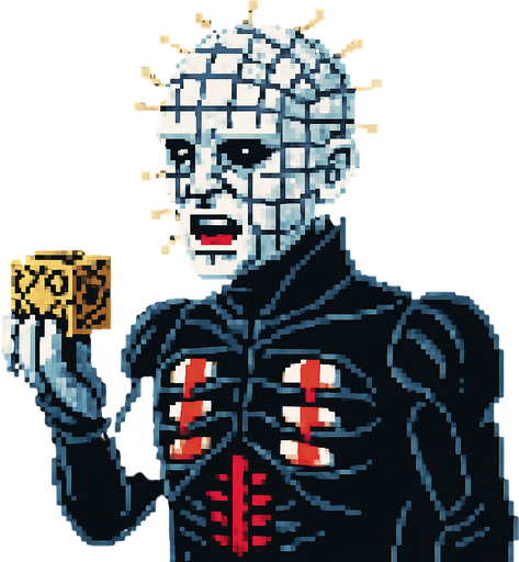 pinhead hellraiser pixel art.
In-Game asset.  2d.  High contrast.  No shadows