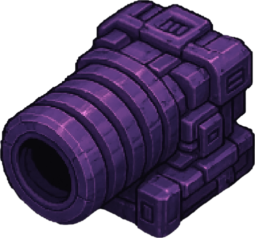top down sci-fi fat barrel cannon with ridges, purple metal, pixel art