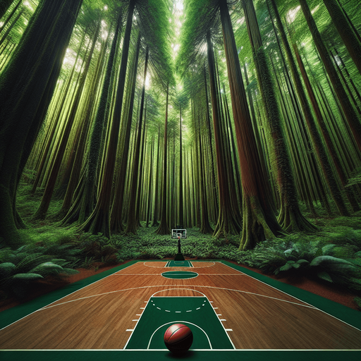 POV basketball court in forest.
Full screen. Background. High detail