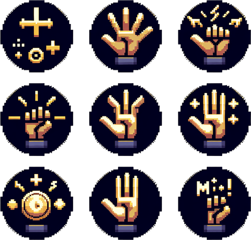 create a sprite sheet of 6 buttons, the first hand icon with a +, hand icon with an electricity icon, another with a golden hand, another with a hand and an ×, and one with a hand icon, written max.
Single Game Texture.  In-Game asset.  2d.  Blank background.  High contrast.  No shadows