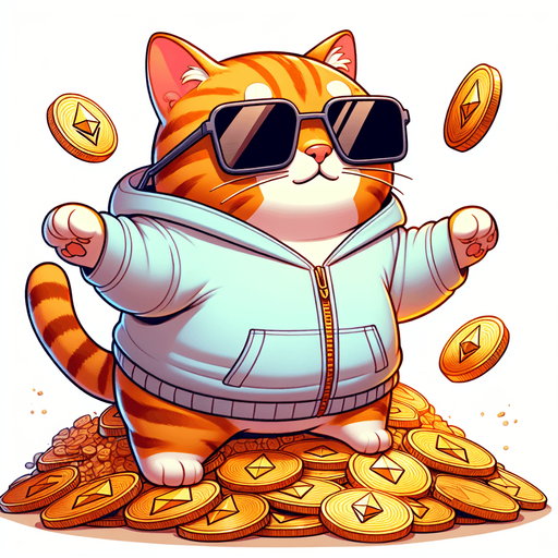 The character in the image, a delightful cartoon-style orange tabby cat adorned with noticeable stripes, finds itself in an intriguing new setting. It has a round face, concealed behind a pair of oversized, round, dark opaque sunglasses, giving it a look of cool curiosity. In a departure from its usual relaxed posture, the cat now stands majestically atop a vast pile of Ethereum tokens, its body small and chubby against the backdrop of digital wealth. Clad in its simple, light-colored hoodie with a drawstring, the cat appears both out of place and perfectly at home on this crypto mountain. Its paws are visible in front, slightly adjusted to maintain balance, while it surveys its surroundings with a playful whimsy. This unique scenario, mixing the cat's casual mascot charm with the world of cryptocurrency, perfectly suits a character in a children's book, introducing young readers to the concept of digital currencies in a fun and imaginative way..
Single Game Texture. In-Game asset. 2d. Blank background. High contrast. No shadows.