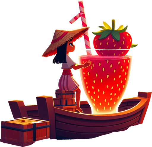 An idyllic llustration of a beach cove where a blnd girl in a strawhat i en joying an enormous strawberry drink on her sailing boat as the sun sets. Clean game art illustration style..
Single Game Texture. In-Game asset. 2d. Blank background. High contrast. No shadows.