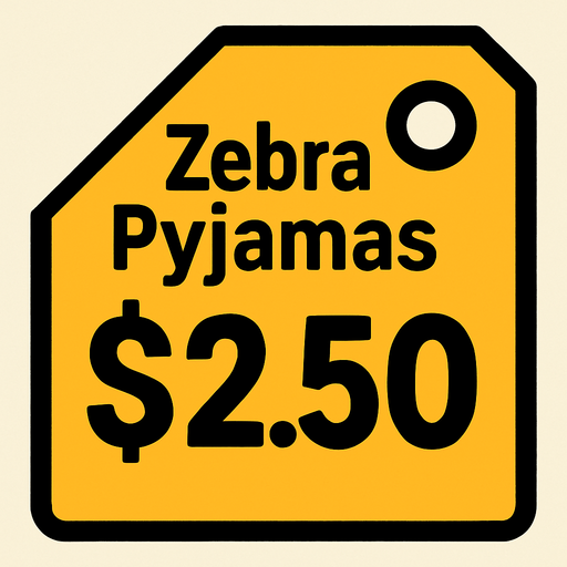 Price tag that says Zebra Pyjamas $2.50.
In-Game asset.  2d.  High contrast.  No shadows