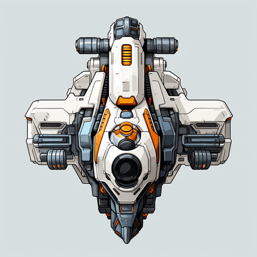 Hero spaceship facing upwards, with a single cannon in the center.
Game Texture. In-Game asset. 2d. Pixelart. White background. Blank background. Low detail. High contrast.