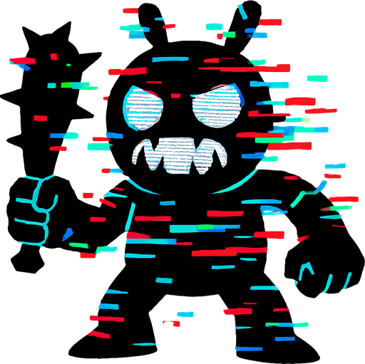 Glitch audio personificado como un enemigo.
In-Game asset.  2d.  High contrast.  No shadows