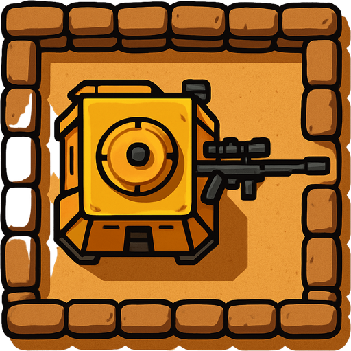 Top view of an Yellow defense Military tower Sniper, in the desert, the image has a square border outlined by military defense Brown sandbags.
In-Game asset.  2d.  High contrast.  No shadows