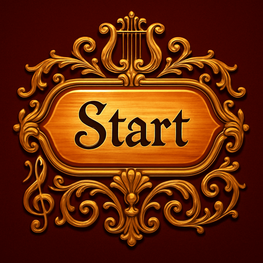 Crea un botón visual para la pantalla de inicio de un videojuego llamado Symphony Siege. El botón debe decir "Start" y estar inspirado en una sala de conciertos clásica y elementos musicales. El diseño debe tener un estilo elegante, ligeramente barroco o sinfónico, con detalles dorados y formas suaves. El texto "Start" debe estar centrado y ser legible, con una tipografía estilizada tipo partitura o manuscrito musical. El fondo del botón debe parecer una tecla de piano brillante o una placa de madera de violín. El contorno puede tener detalles dorados o bronces ornamentales. El botón debe emitir una sensación de majestuosidad y armonía, no modernidad ni minimalismo.
In-Game asset.  2d.  High contrast.  No shadows