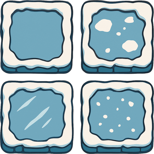 Generate a 2D sprite sheet arranged in a 2x2 grid, featuring game tiles of stylized arctic ice for a mobile game. The art style should be a clean vector illustration with flat colors and high contrast, suitable for a top-down, bird's-eye view. There should be no shadows.
The sprite sheet must show 4 distinct variations of an ice tile, each with a different surface appearance:.
In-Game asset.  2d.  High contrast.  No shadows