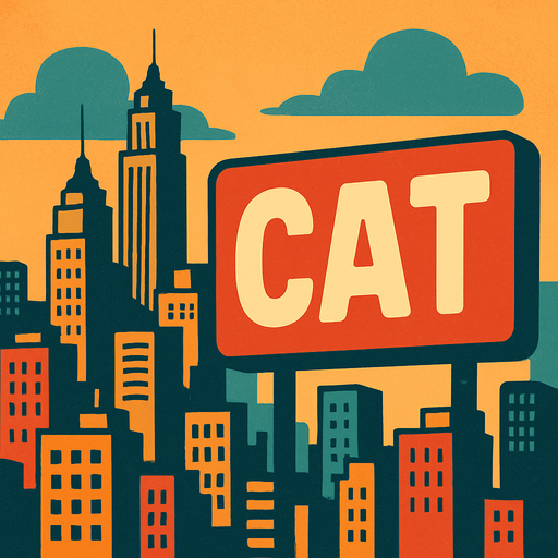 Şehir ve arkaplanında cat yazan bir tabela.
In-Game asset.  2d.  High contrast.  No shadows