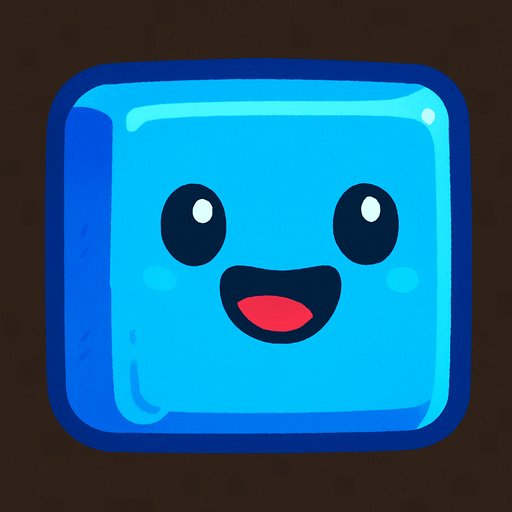 happy blue cute cube sprite.
In-Game asset.  2d.  High contrast.  No shadows