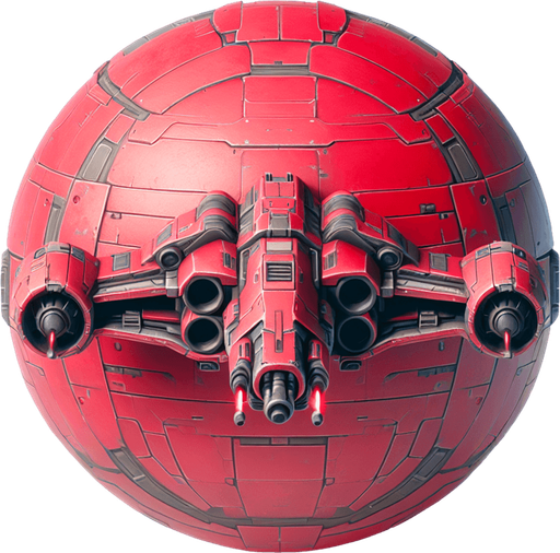 A round red spaceship with a dual laser turret..
Single Game Texture. In-Game asset. 2d. Blank background. High contrast. No shadows.