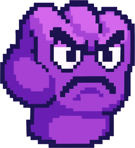 make a purple 2d pixel punch with eyes and angry face.
In-Game asset.  2d.  High contrast.  No shadows