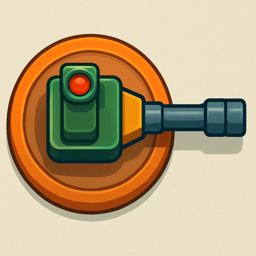 Crea la Torre Sniper en un estilo 2D renderizado, limpio y cartoonish, con contornos claros y definidos, colores vibrantes con transiciones suaves, y sombreado que da volumen a sus superficies superiores.
La perspectiva debe ser VISTA CENITAL (totalmente desde arriba). Esto significa que la torre se verá como si estuviera siendo observada directamente desde arriba, con los detalles de su parte superior siendo prominentes.
La base de la torre debe ser circular para permitir un movimiento de cañón cómodo. El cañón largo debe estar claramente orientado hacia la DERECHA.
La torre debe tener un perfil bajo y la menor cantidad de relieve vertical posible, especialmente en su base, para facilitar una rotación fluida en la animación. El cañón puede sobresalir, pero la base debe ser compacta..
In-Game asset.  2d.  High contrast.  No shadows