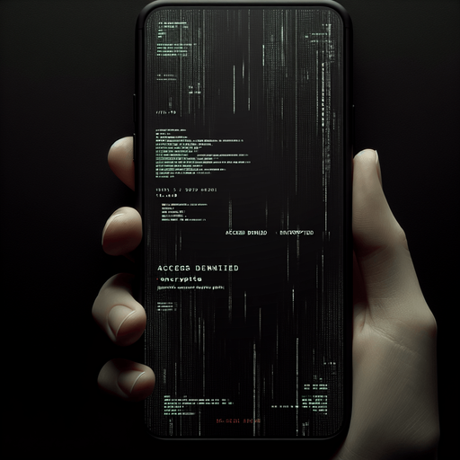 Create a minimalistic hacked mobile phone background with a solid black base. Add subtle glitch effects like faint pixel distortions and soft horizontal lines. Incorporate low-opacity green Matrix-style symbols cascading or scattered sparsely in the background. Include fragmented text elements like "Access Denied" or "Encrypted" in a modern, faint font. Use small red accents to emphasize the seriousness of the hack while maintaining ample negative space. Ensure all elements are subtle to avoid overshadowing foreground app icons..
Single Game Texture. In-Game asset. 2d. Blank background. High contrast. No shadows.