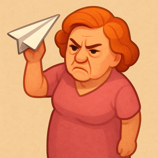A lady ready to throw a paper plane. She has a pink dress and orange hair. She looks like she has been working in an office for 40 years. Make her look annoyed. Cute soft graphics. soft ambient light. semi-matte to satin surfaces. naturalistic with slight saturation boost colors. 
In-Game asset.  2d.  High contrast.  No shadows. top down. View from above.