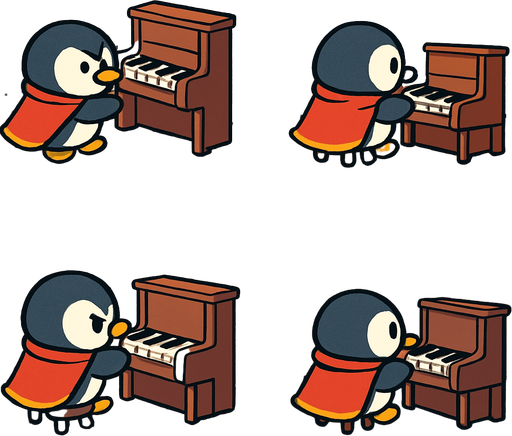 4-panel comic strip, no text, cute cartoon style, bright colors, black outlines.
Characters: Penguin Hero (small, determined) + Penguin Princess (elegant, crown) + Village Penguins
Central Theme: Music connects hearts, piano mastery wins love. Story: Hero commits to learning piano seriously

Panel 1: Hero finds small piano and sets up practice space
Panel 2: Hero practicing at sunrise, warm golden morning light
Panel 3: Musical notes gradually improve from wobbly to steady
Panel 4: Hero still practicing under moonlight, showing dedication through full day
In-Game asset.  2d.  High contrast.  No shadows