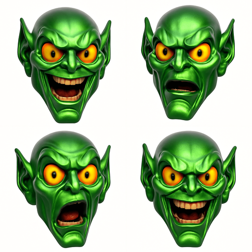 3D Scary but funny and cute face meme green goblin from spiderman movie. only face, different faces look.
In-Game asset.  3D.  High contrast.  No shadows. only face