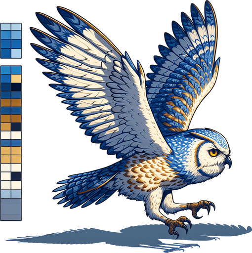 flying owl with blue gold color mix asset.
Single Game Texture.  In-Game asset.  2d.  Blank background.  High contrast.  No shadows