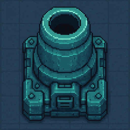 top down sci-fi fat barrel cannon, teal metal, pixel art