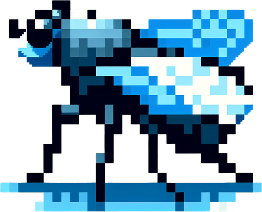 pixel fly facing left.
Single Game Texture.  In-Game asset.  2d.  Blank background.  High contrast.  No shadows