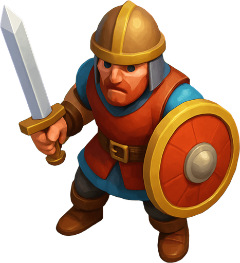 Kılıç ve kalkanlı çağı saldırı askeri, Gerçekçi, kuş bakışı görünüm, yazısız..
In-Game asset.  High contrast.  No shadows, renkli 3d olsun.