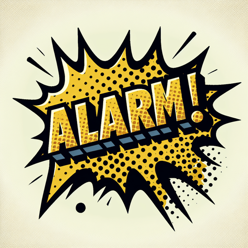 "ALARM" text bubble yellow, comic book style..
Single Game Texture. In-Game asset. 2d. Blank background. High contrast. No shadows.
