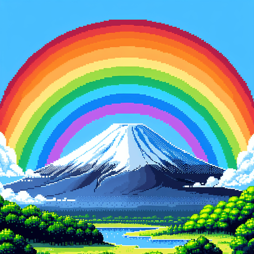 A Mount fuji background with a big rainbow crossing from side to side in the sky, pixel style, colourful.
Single Game Texture.  In-Game asset.  2d.  Blank background.  High contrast.  No shadows