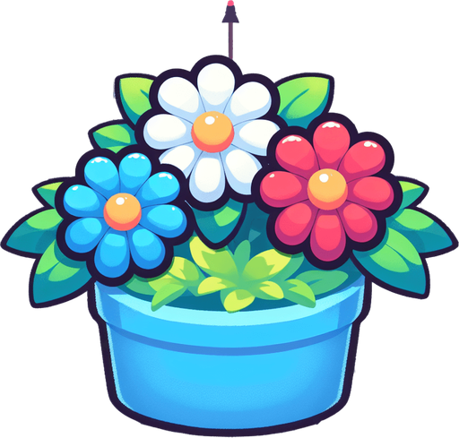 3 nice colored flowers in a single light blue pot..
In-Game asset. 2d. Blank background. High contrast. No shadows. No perspective.
