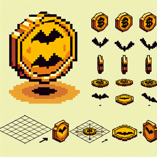 8-bit pixelated spritesheet of an isometric golden bat coin seen in multiple poses of spinning around it's y axis. the elements need to be orderly arranged for easy cropping.
Single Game Texture. In-Game asset. 2d. Blank background. High contrast. No shadows.