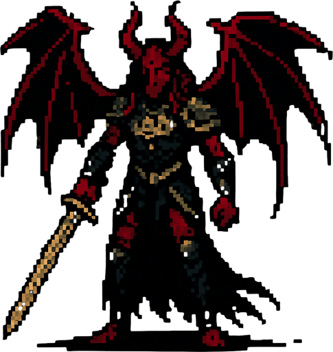 Lucifer character dark souls style 2d pixel art.
In-Game asset.  2d.  High contrast.  No shadows