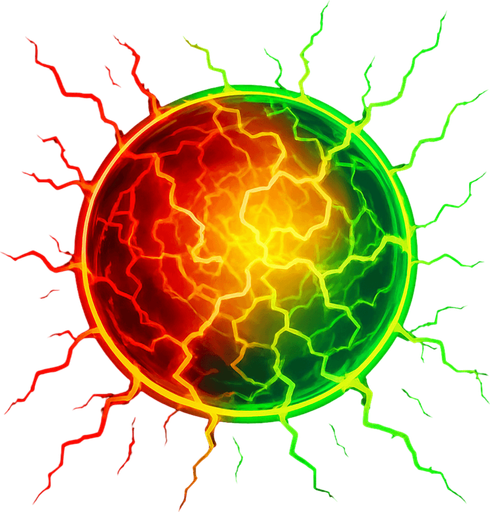 An solid plasma ball of electrical force emanating power filled with reds yellows and green electric power.
In-Game asset.  2d.  High contrast.  No shadows