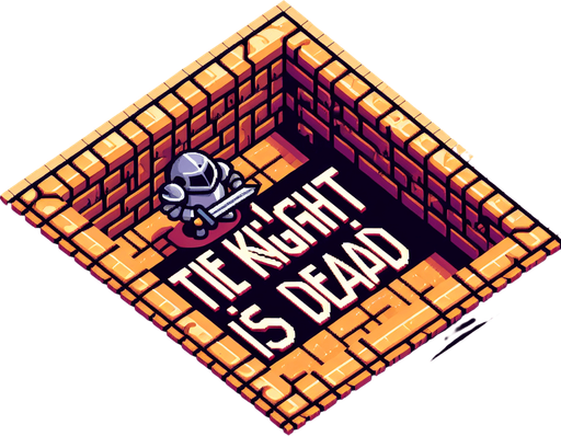Pixealrt. Dungeon. Reads: The Knight is DEAD.
Single Game Texture. In-Game asset. 2d. Blank background. High contrast. No shadows.