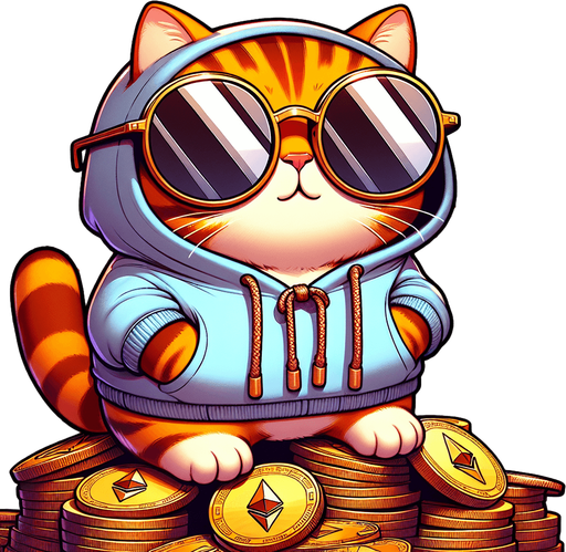The character in the image, a delightful cartoon-style orange tabby cat adorned with noticeable stripes, finds itself in an intriguing new setting. It has a round face, concealed behind a pair of oversized, round, dark opaque sunglasses, giving it a look of cool curiosity. In a departure from its usual relaxed posture, the cat now stands majestically atop a vast pile of Ethereum tokens, its body small and chubby against the backdrop of digital wealth. Clad in its simple, light-colored hoodie with a drawstring, the cat appears both out of place and perfectly at home on this crypto mountain. Its paws are visible in front, slightly adjusted to maintain balance, while it surveys its surroundings with a playful whimsy. This unique scenario, mixing the cat's casual mascot charm with the world of cryptocurrency, perfectly suits a character in a children's book, introducing young readers to the concept of digital currencies in a fun and imaginative way..
Single Game Texture. In-Game asset. 2d. Blank background. High contrast. No shadows.