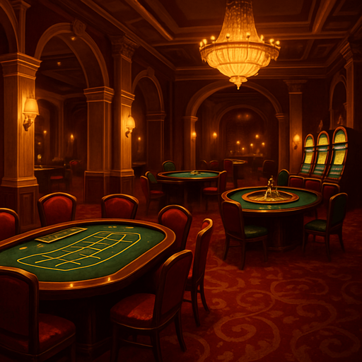 Ambiente: Un interior de casino elegante y nocturno.

Elementos:

Podría mostrar una vista parcial de mesas de juego (Blackjack, ruleta, tragamonedas) en el fondo, desenfocadas para no distraer.

Luces ambientales cálidas y doradas, reflejos sutiles.

Detalles arquitectónicos de lujo: columnas, arcos, lámparas de araña (parcialmente visibles).

Una alfombra lujosa o suelo brillante.

Paleta de Colores: Predominan los dorados, rojos profundos, negros elegantes y toques de verde esmeralda.

Perspectiva: Una vista amplia y acogedora, como si el jugador estuviera entrando al casino.

Sensación: Sofisticación, exclusividad, y la emoción de lo que está por venir. Debe invitar a explorar el juego.

El fondo debe ser inmersivo y coherente con la temática general del casino.
In-Game asset.  2d.  High contrast.  No shadows
