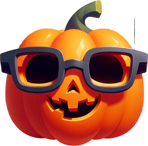 an orange halloween pumpkin with glasses
Single Game Texture. In-Game asset. 2d. Blank background. High contrast. No shadows.