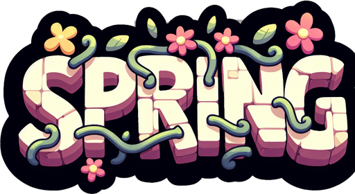 Create a SVG text design in bold cartoon style: "SPRING" in chunky rounded letters with floral accents and vines. Use spring pastels.​​​​​​​​​​​​​​​​.
Single Game Texture. In-Game asset. 2d. Blank background. High contrast. No shadows.