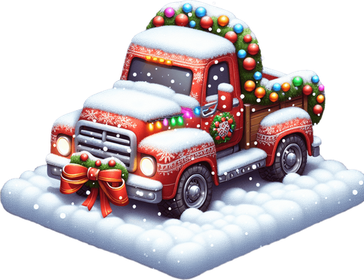 2d diagonal christmas car or truck in snow Single Game Texture. In-Game asset. 2d. Blank background. High contrast. No shadows.