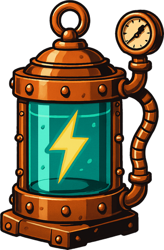 una bateria energetica estilo steampunk.
In-Game asset.  2d.  High contrast.  No shadows