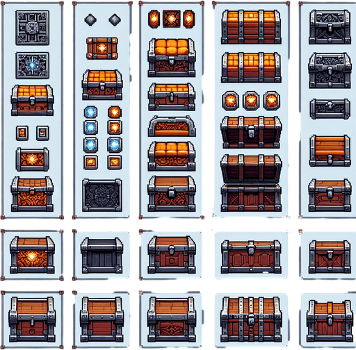 Create a sprite sheet featuring various components of a open chest, incorporating dungeon design elements. The design should include top-down views of dungeon chest. Each part should be distinct, with a cohesive color scheme of wood upholstery, dark orange and silver, accented by glowing lights for a fantasy look. The style should be detailed pixel art, reminiscent of classic 32-bit era video games, with glowing lights serving as style guides. Arrange the components on a dark background, with each part neatly aligned in rows and columns for easy identification and use in game development..
Single Game Texture. In-Game asset. 2d. Blank background. High contrast. No shadows.