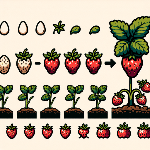 A spritesheet showing a strawberry plant in various stages of germantion, from seed over sapling and to full grown plant with ripe strawberries. The sprites should be laid out in a rectangular grid with blank space between them..
Single Game Texture. In-Game asset. 2d. Blank background. High contrast. No shadows.