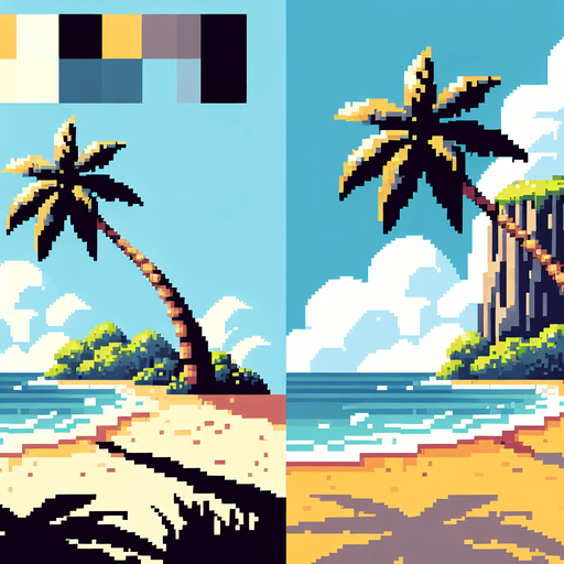 pixelart cartoon beach schene. just the beach and a big palm tree. no background..
Single Game Texture. In-Game asset. 2d. Blank background. High contrast. No shadows.