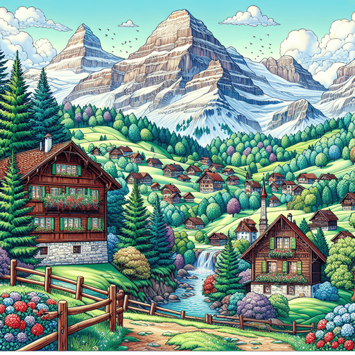 anime image 2d ghibli style. swiss forrest 
mountain and traditional village.
Single Game Texture.  In-Game asset.  2d.  Blank background.  High contrast.  No shadows