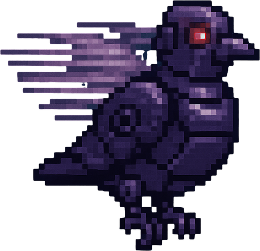 Pixel art of a dark purple robotic pigeon spinning in midair, wings blurred in motion. Enemy type in a 2D arcade game, side view.
In-Game asset.  2d.  High contrast.  No shadows