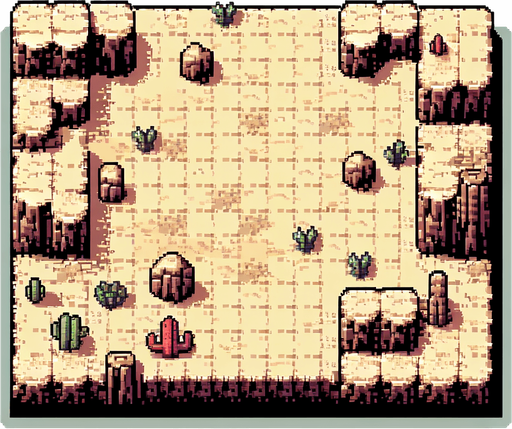 8-bit. Cartoon. landscape. desert. top-down view. no horizon. Single Game Texture. In-Game asset. 2d. Blank background. High contrast. No shadows.