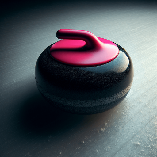 black curling stone with pink top, top view.
