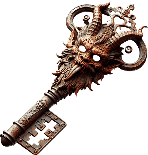 eerie creepy old rusty key with krampus face embossed on it png.
Single Game Texture. In-Game asset. 2d. Blank background. High contrast. No shadows.