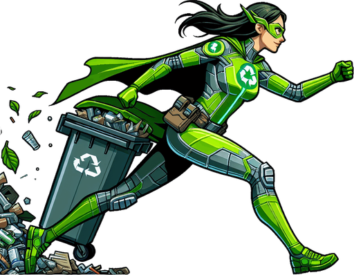full side-view of an garbage collector superhero woman running in neon green suit.
only the woman.
single sprite, blank background.