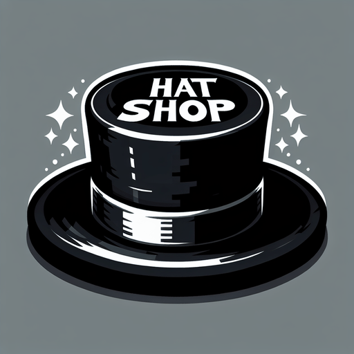 A SVG that says “Hat Shop” on top of a top hat.
Single Game Texture.  In-Game asset.  2d.  Blank background.  High contrast.  No shadows