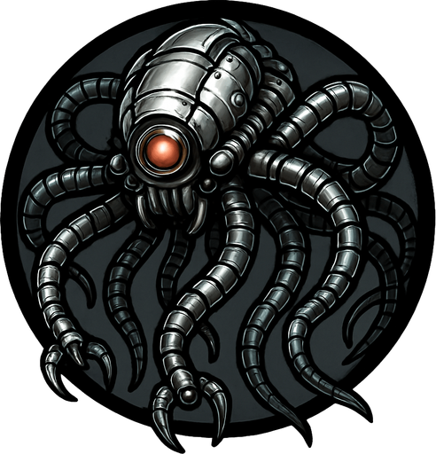 Creat a singular circular asset that features a 3D version of a sentinal from the film the matrix. Asset to have a metallic feel, and the background is to be transparent.
In-Game asset.  2d.  High contrast.  No shadows